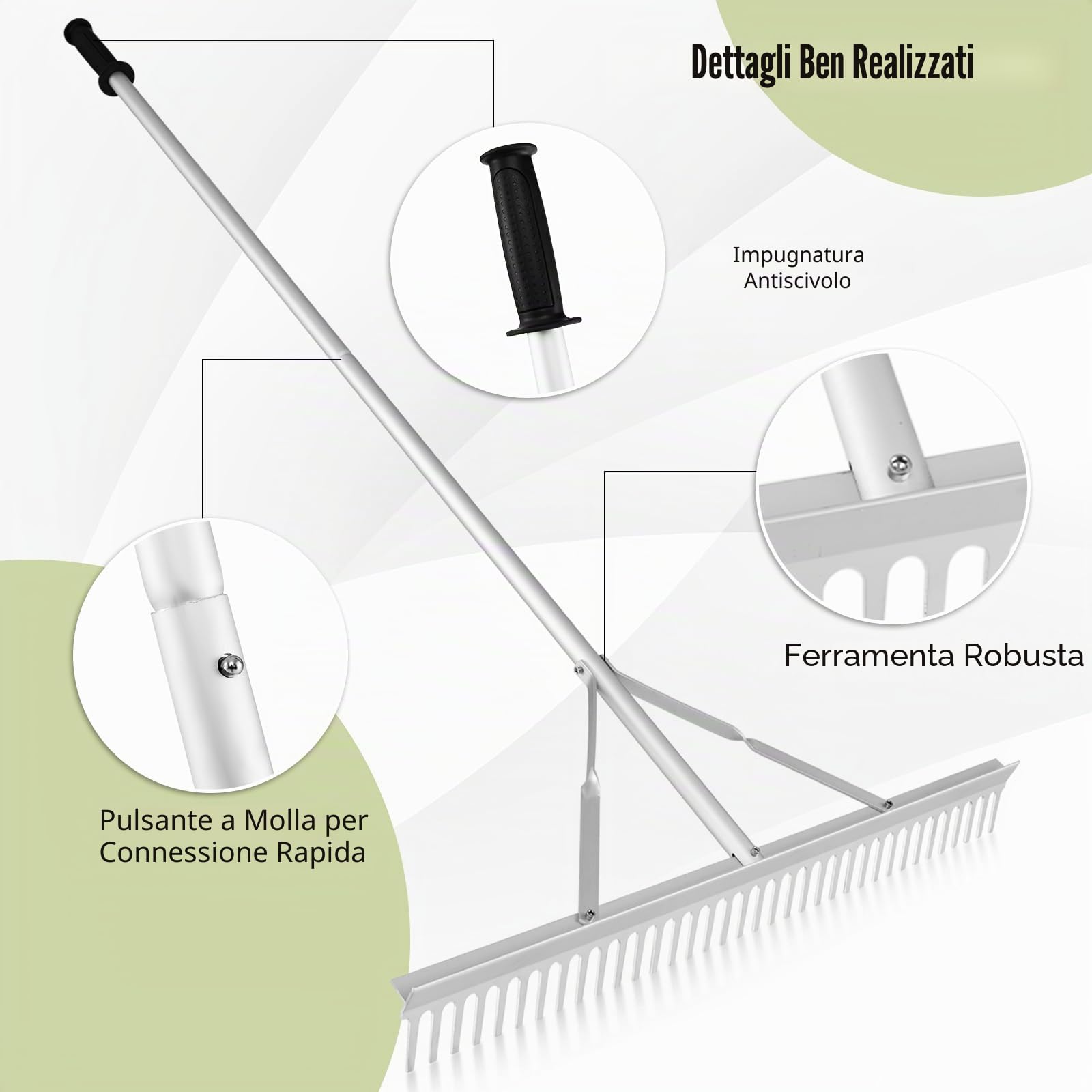 SOARS Rastrello da Giardino in Alluminio con Manico Lungo 174 cm, Rastrello da Prato Largo 91 cm con 36 Denti Rigido per Paesaggio, Ideale per Foglie, Erbacce, Terreno e Detriti (Stile B)