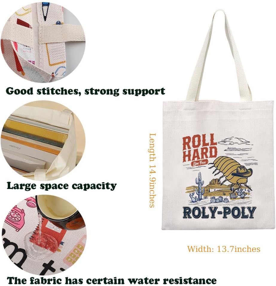 KUIYAI Cow Isopod Tote Bag Western Rodeo Cowboy Gift Insect Lover Entomologist Gift Roll Hard Live Free Roly-Poly Canvas Bag