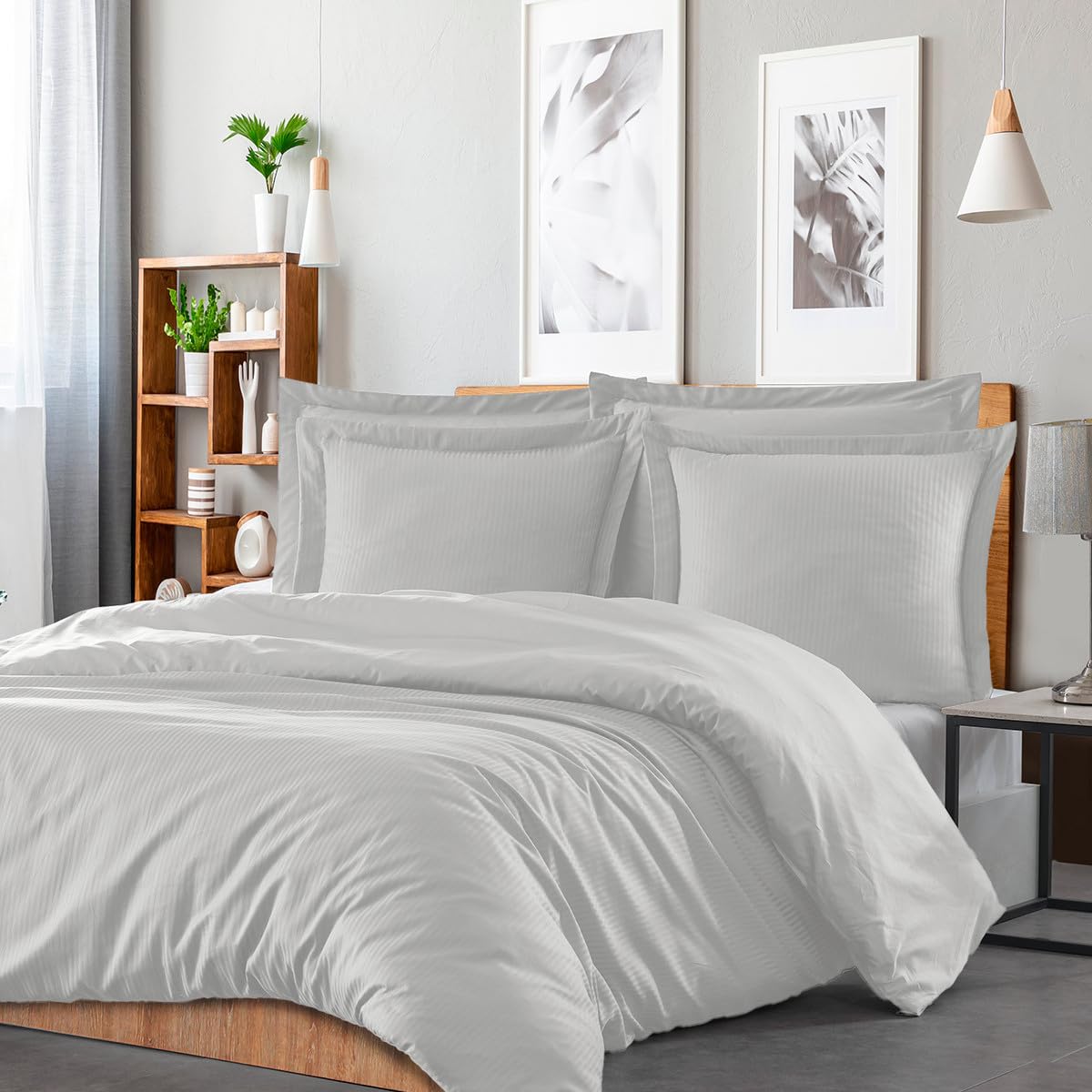 Sensei Maison - Housse de Couette rayée réversible Satin de Coton VERSALUXE - 260x240 cm - Blanc