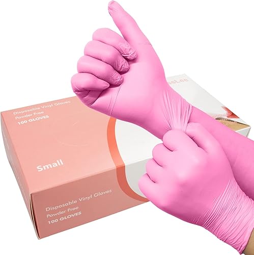 Miniatura 1 de Paquete de 100 guantes desechables de vinilo rosa, sin látex y sin energía, guantes de examen de grado alimenticio para limpieza, preparación de