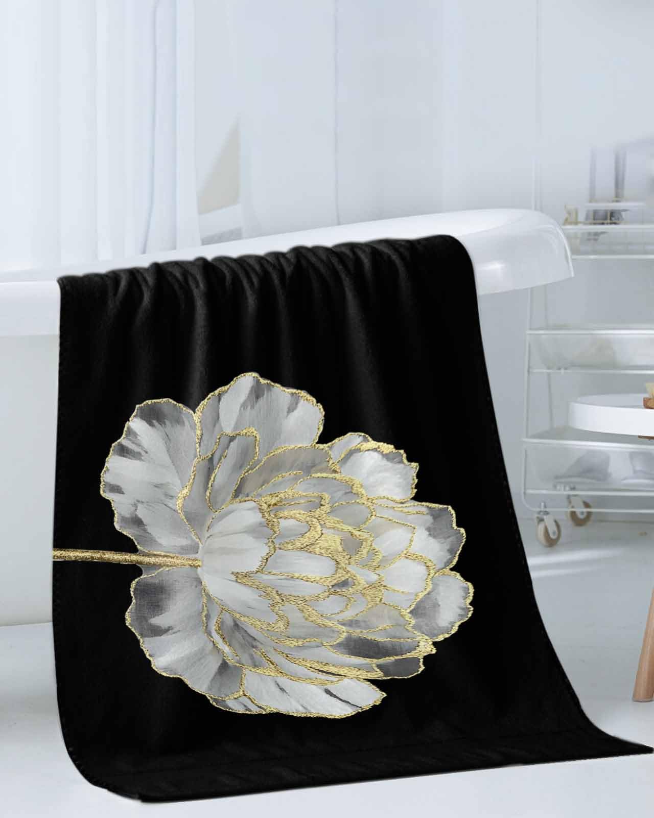 Set di asciugamani floreali bianchi astratti per bagno, cucina in microfibra, bagno, cucina, spiaggia, capelli, yoga, asciugamani, asciugamani e salviette, linea oro floreale botanico primaverile nero