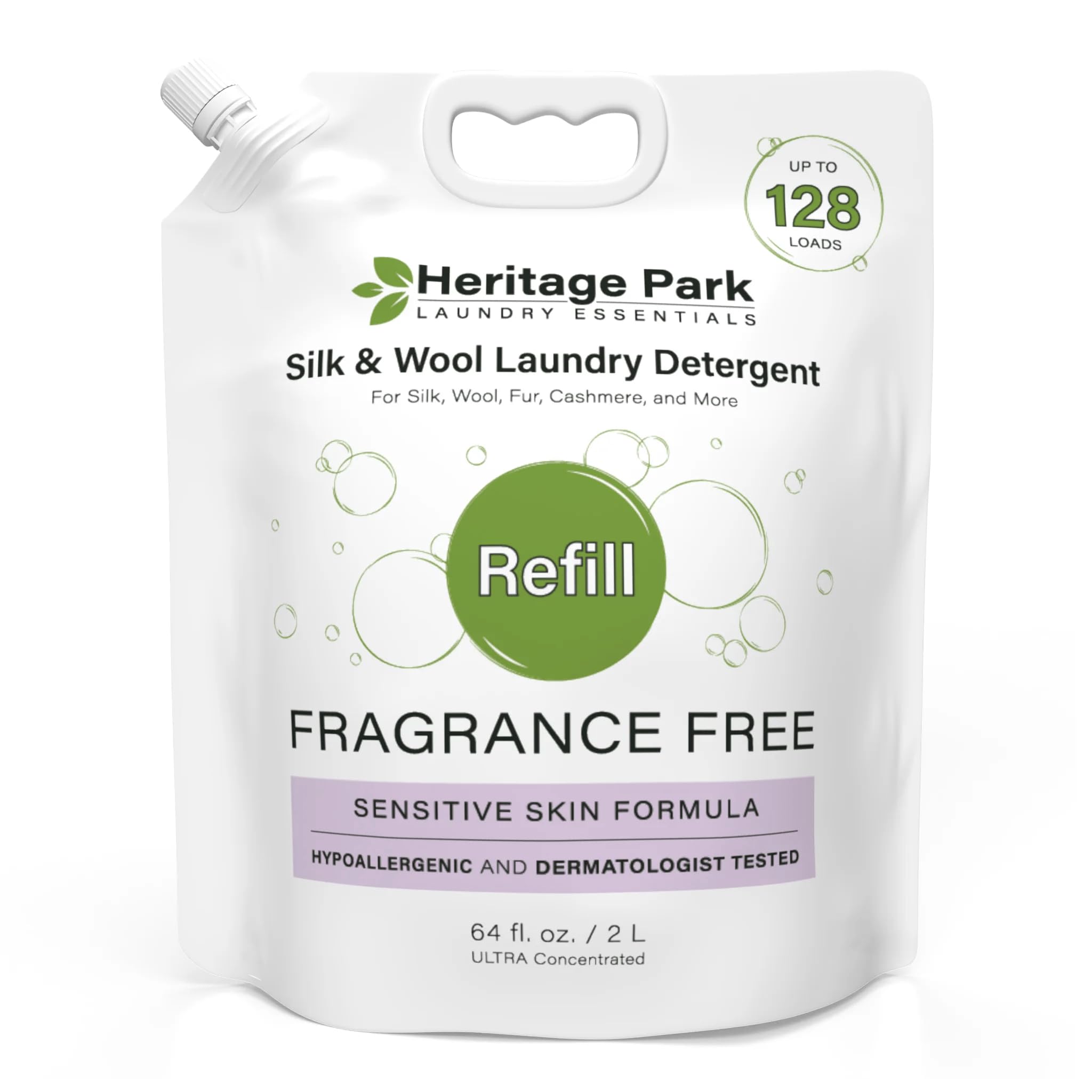 Heritage Park Silk & Wool Fragrance Free, Hypoallergenic, pH-Neutral Laundry Detergent - Dermatologist-tested, Sensitive Skin-Friendly, Enzyme-Free, Ultra Concentrated (64 fl oz Refill)EWG Verified