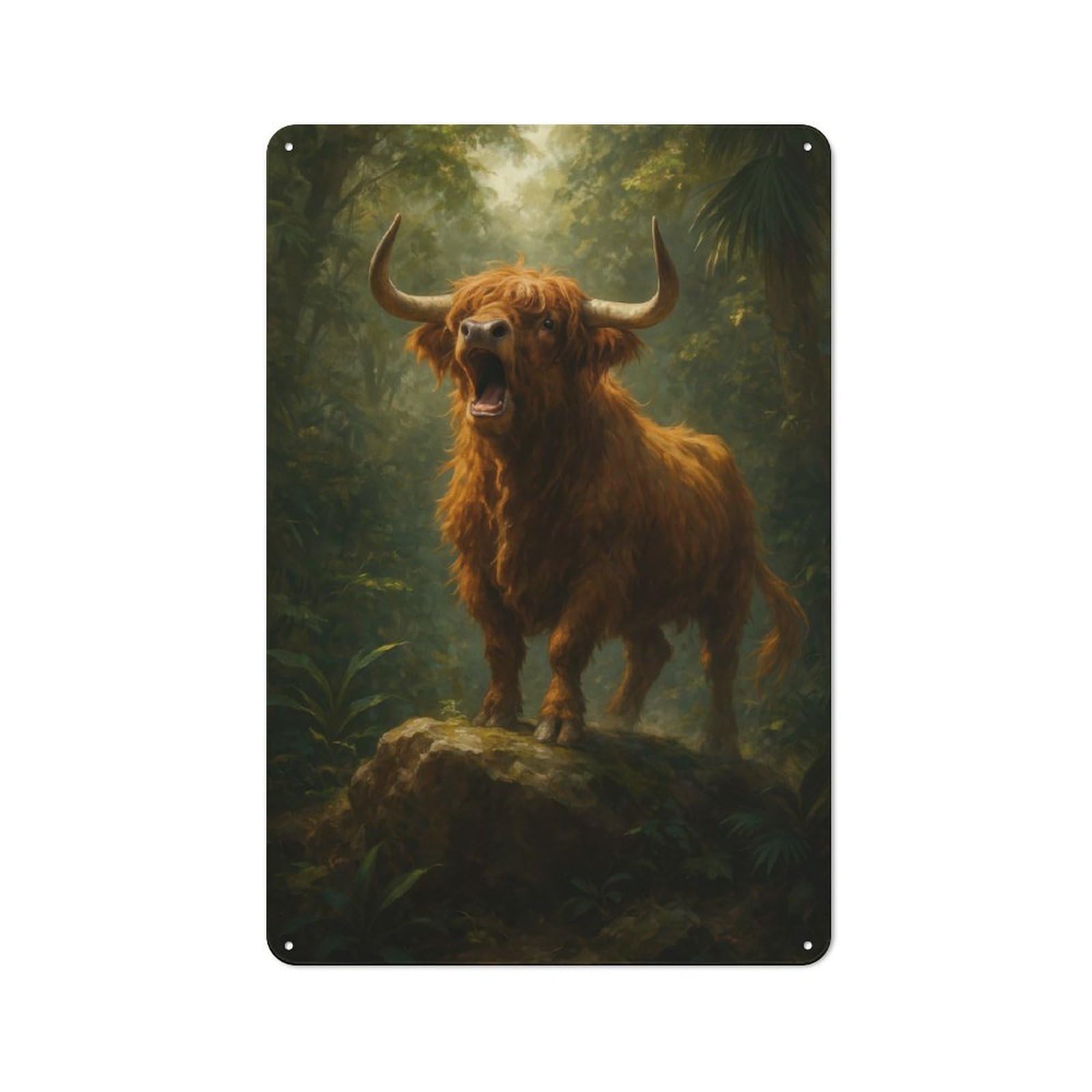 Vintage Metal Plaque 30x20cm Featuring Highland Cow Roaring in Jungle for Home Bar Wall, A Metal Wall Feature for Home Bars And Entertaining Spaces