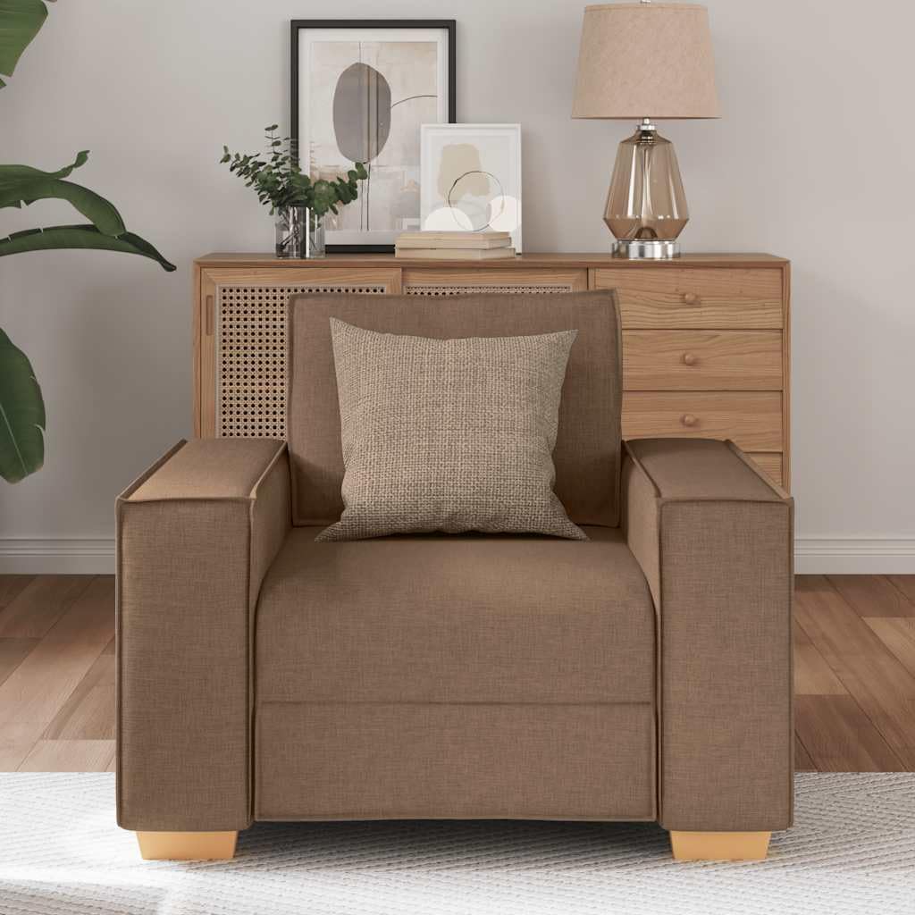 Sofa krzesło brązowe, 60 cm, materiał, pojedynczy fotel wypoczynkowy z szerokimi podłokietnikami, przytulny fotel do salonu, biura, sypialni, wygodna tapicerka, wytrzymała konstrukcja