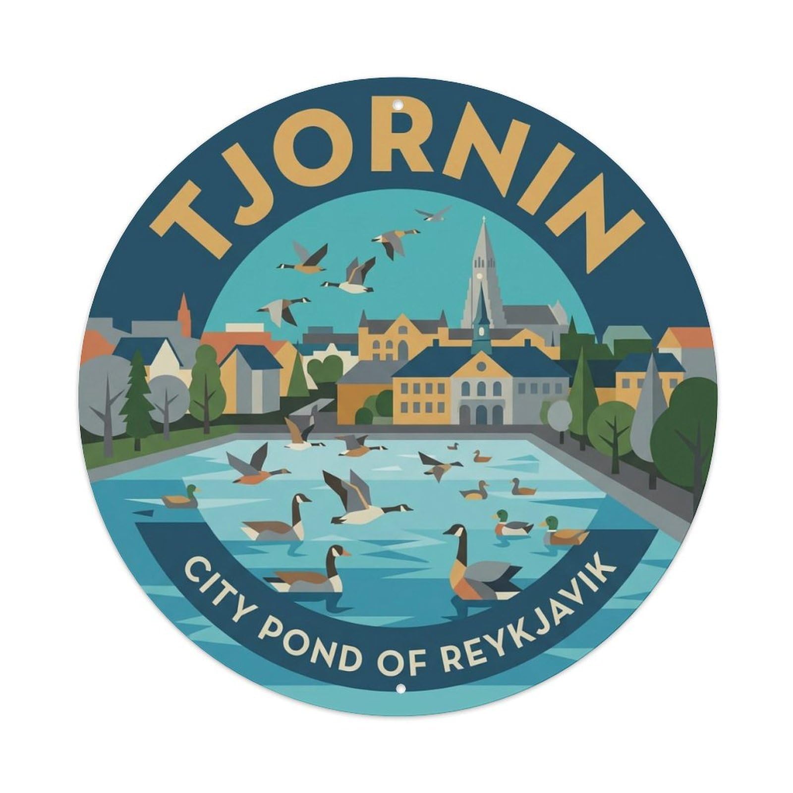 Vintage Travel Tjornin Iceland Pond Metal Tin Sign