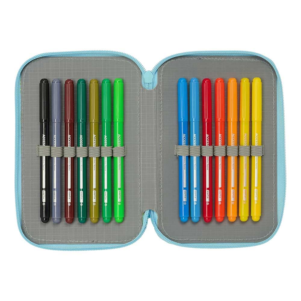 safta | Trousse Bluey Ready Triple, 37 pièces, pour Enfants avec 3 Compartiments zippé, Comprend 16 Crayons de Couleur, 14 feutres, Une règle et Un rapporteur, Dimensions : 12,5 x 5,5 x 19,5 cm