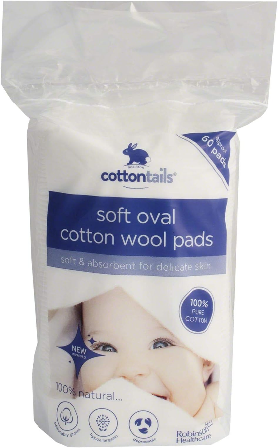Cottontails Oval Cotton Wool Pads, Packs of 60 x 12 Packs