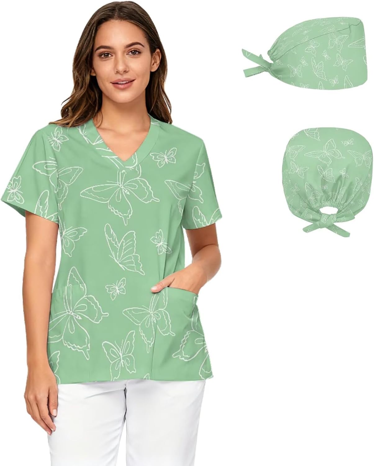 Women's Scrub Top&Nurse Cap 2-Piece Set,V-Neck Soft Stretch Medical Shirt with Pockets,Comfortable Nurse Uniform