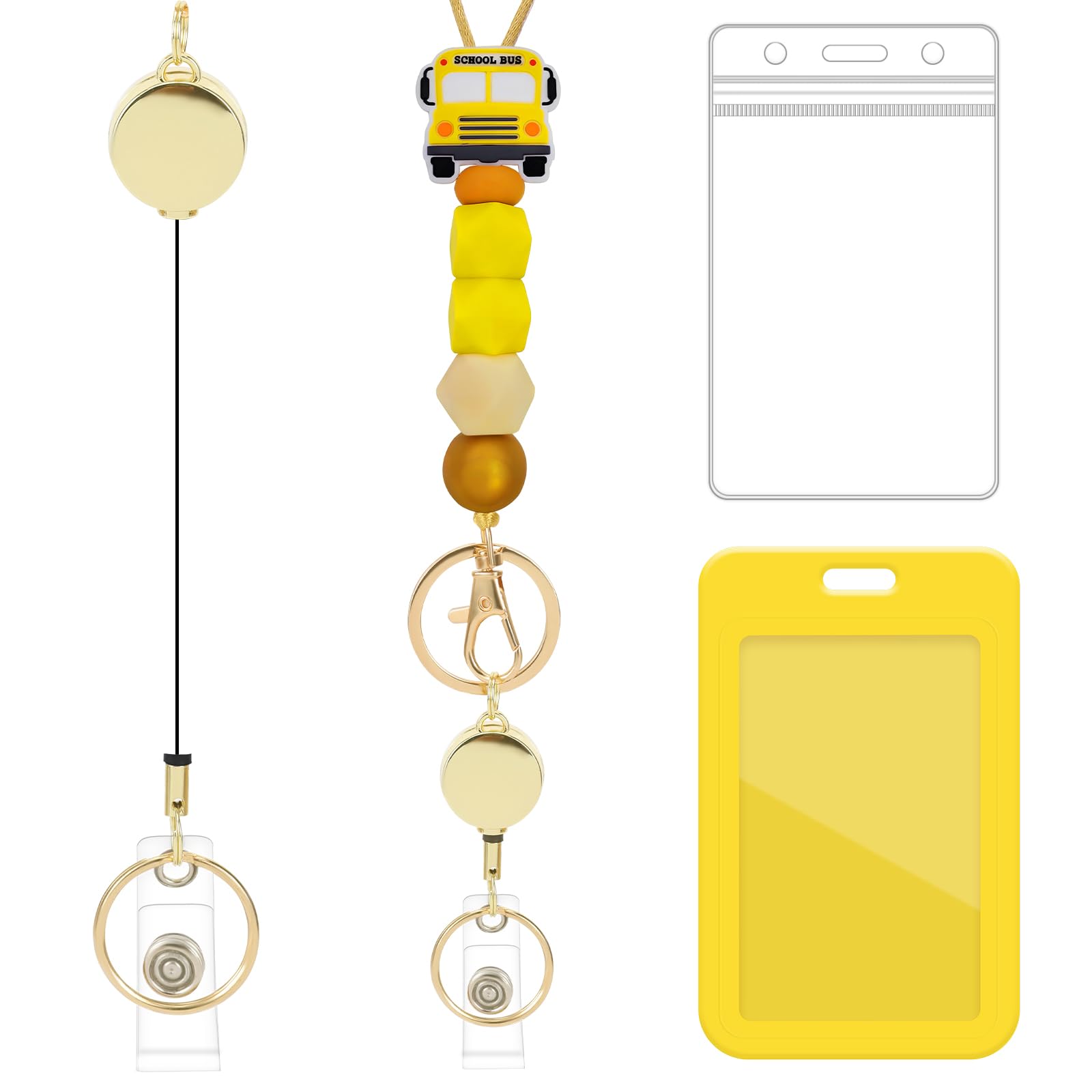 Cordino retrattile per badge identificativo – cordino giallo con porta documenti d'identità, simpatico porta badge retrattile per insegnanti, con chiavi in perline in silicone, portachiavi staccabile