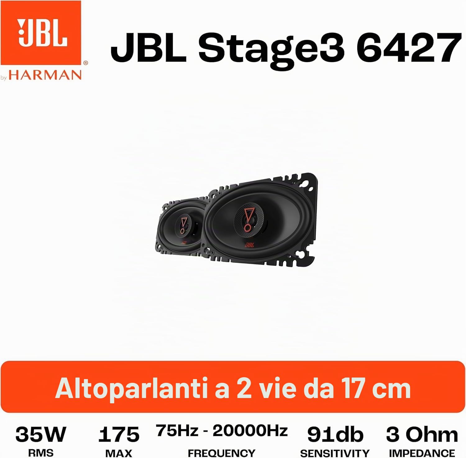 JBL Stage3 6427 Set di Altoparlanti Auto a 2 vie di Harman Kardon - Casse Auto da 175 Watt - impianto stereo ovale JBL 4" x 6" | 10 x 15 cm