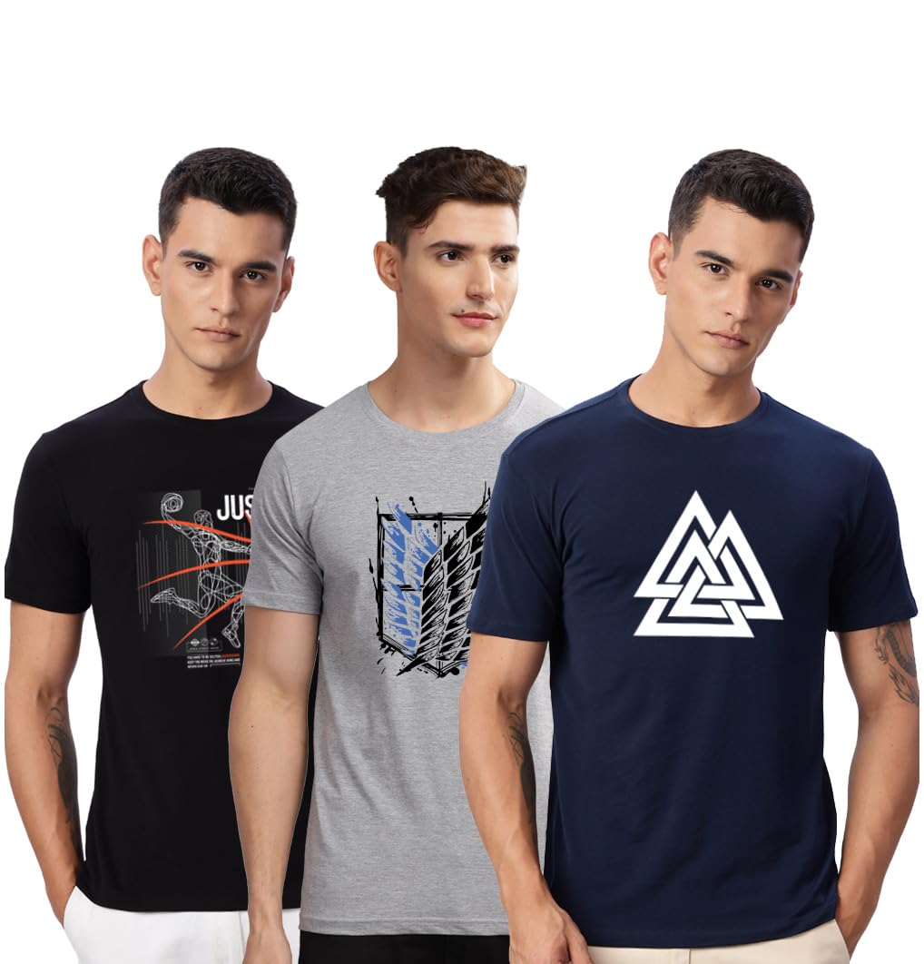 ADRO 100% Cotton Lycra Tshirts for Men Combo Pack of 3 | Regular Fit | Printed T Shirt | Round Neck Half Sleeve| Mens Tshirts-picture-17