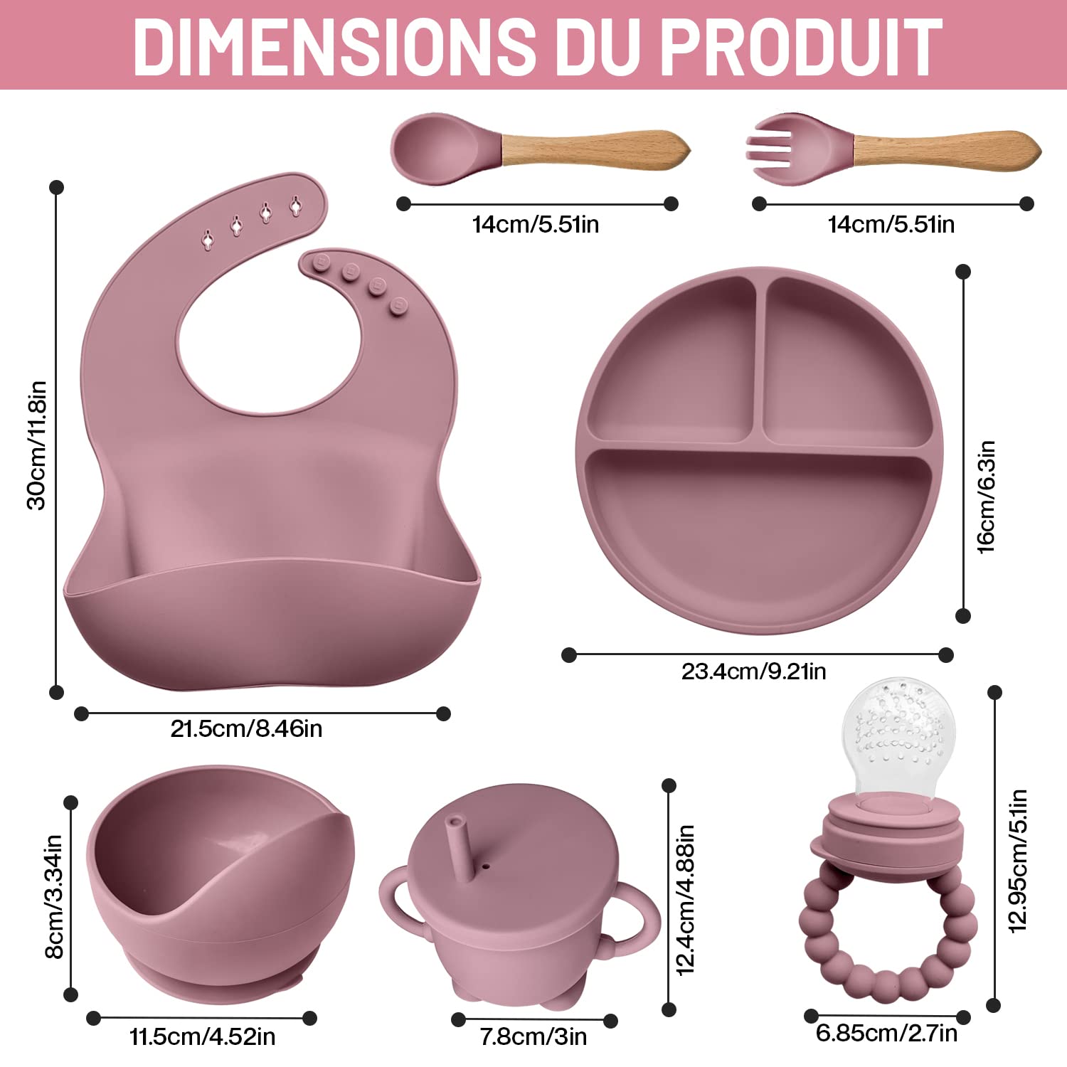 Cofanetto pasto in silicone per neonati (10 pezzi) – Piatto e ciotola antiscivolo con ventosa/posate (forchetta e cucchiaio) / tazza ermetica/bavaglino e sgranocchiatore – regalo nascita (rosa)