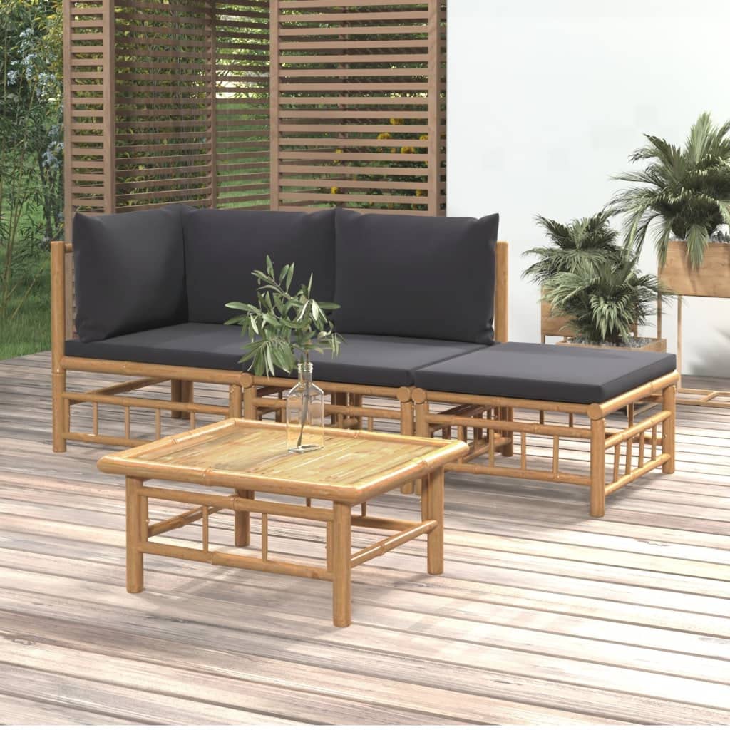 vidaXL Garten Lounge Set 4-TLG., Gartenmöbel Set mit Dunkelgrauen Kissen, Sitzgruppe für Garten Terrasse, Modular Sofa Garnitur Loungemöbel, Bambus