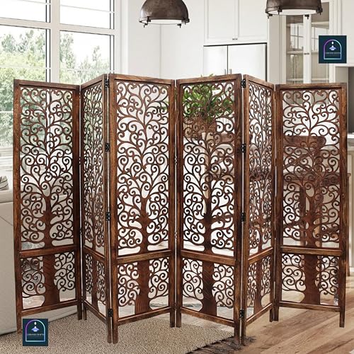 Image of Wooden Room Partition /Screen /Room Divider /Room Separator Traditional Handicrafts 6Ft (Dark Brown) (Tree 6 Panel)