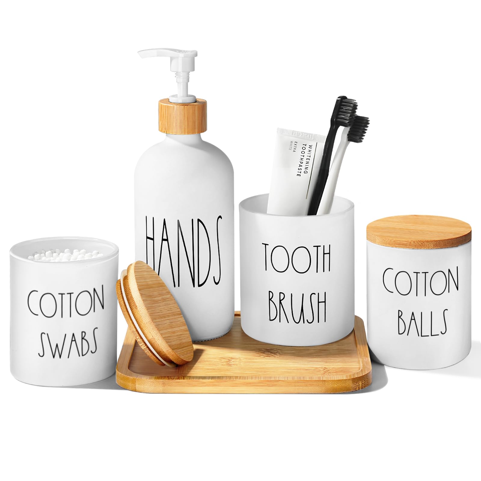 ALPIRIRAL 5 Pcs Glass Bathroom Accessory Set with Bamboo Tray