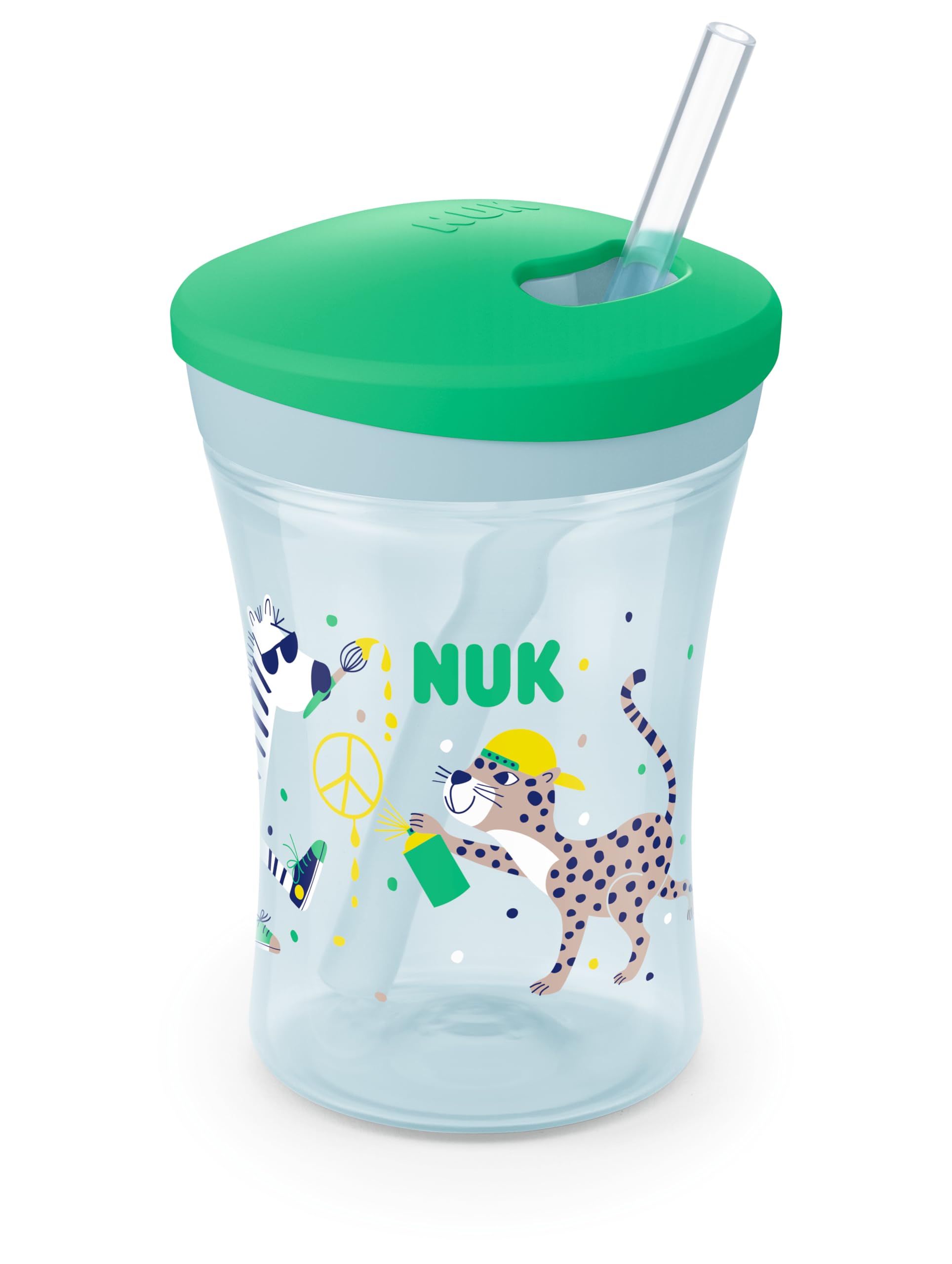 NUK Action Cup Gobelet pour enfant de 12 mois et plus, 230 ml, couvercle à visser avec paille souple, anti-fuite, sans BPA, motif léopard vert