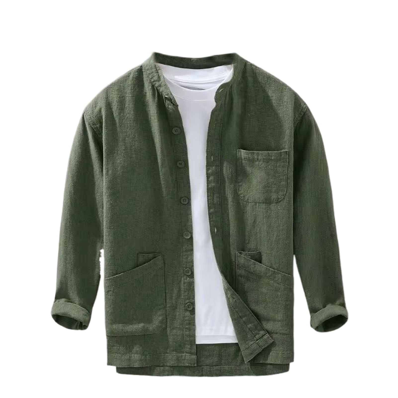 Camisa de manga larga de lino y algodón con cuello alto para hombre, estilo japonés, para primavera, otoño, casual, color liso, camisas finas
