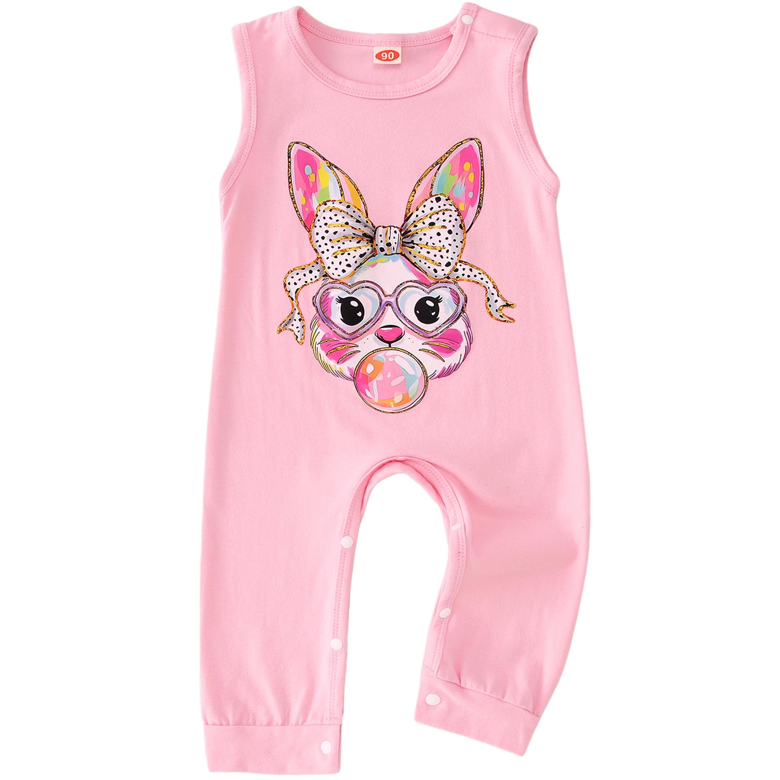 BOUTIKOME Infant Girls Easter Jumpsuit Baby Bow Bunny Blowing Bubble Gum Romper Sleeveless Onesie Easter Outfit Bodysuit Top