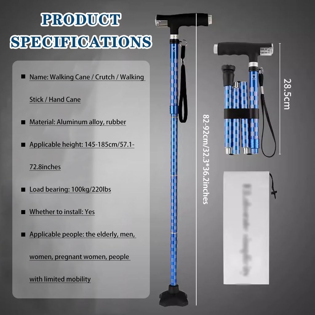 Bastón Bastón Regulable Bastón De Mano Plegable Y Ligero, Bastón De Trekking con Ajuste De Altura De 5 Niveles, Muleta Práctica con Luz LED, Diseño De Cuatro Patas(Blue Color)
