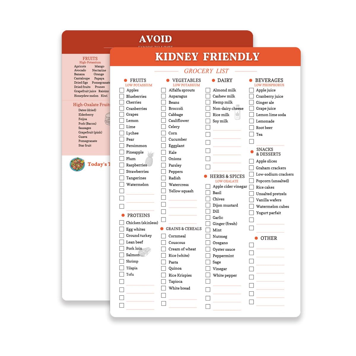 Reusable kidney friendly Food Grocery & Shopping List Guide, kidney friendly Diet Food Chart Meal Plan, Double Sided Erasable material