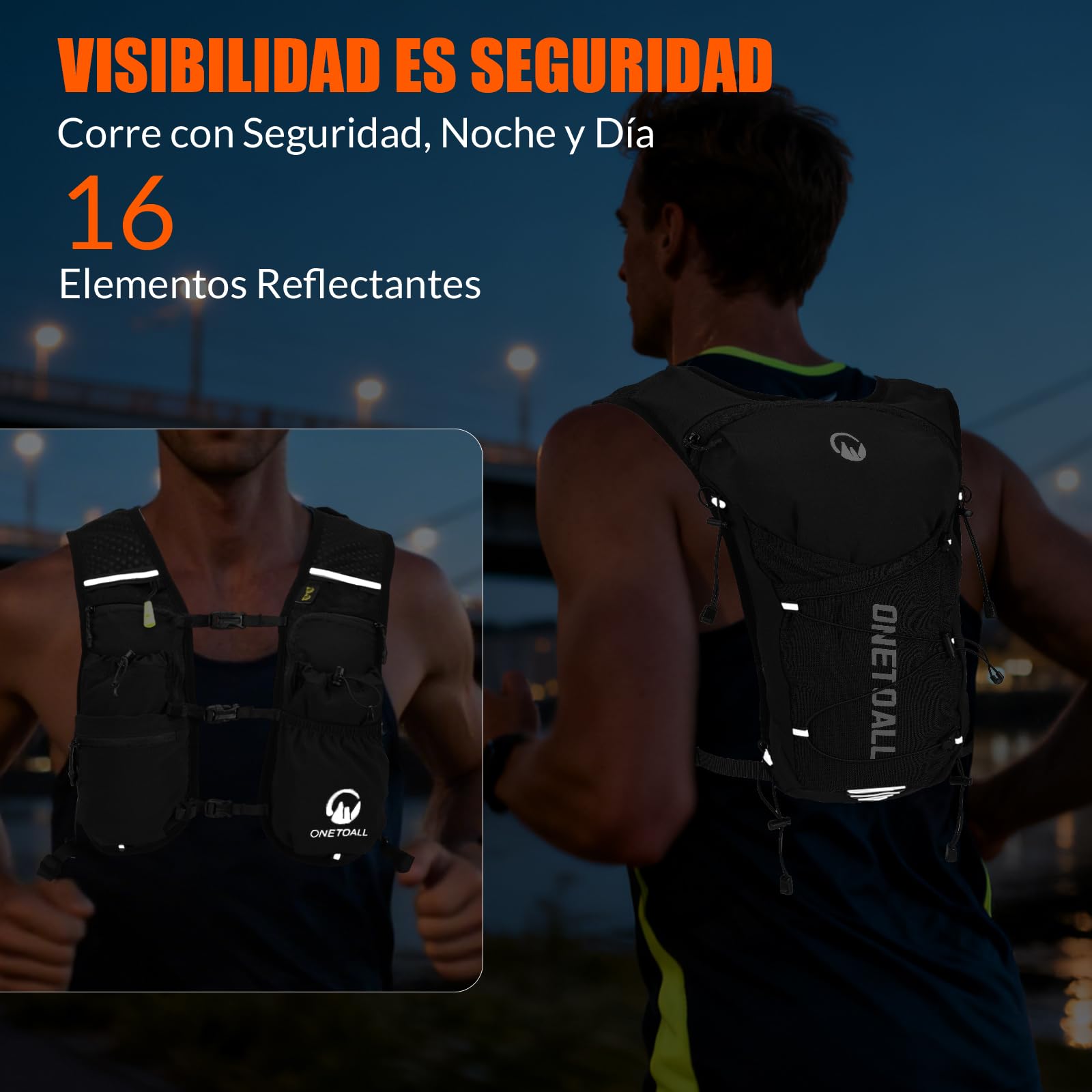 Chaleco Running Hombre Mujer, Running Vest, Ligero Chaleco para Correr, Mochila Hidratacion Trail Bolsilloso con Bolsa Agua 2L o Botella 500ml, Silbato y Reflectante para Ciclismo Senderismo