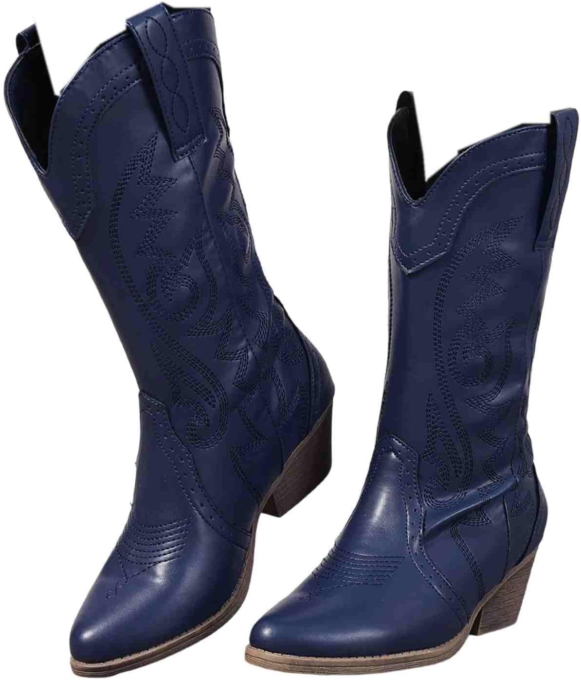 Women's Cowboy Boots Mid Calf Cowgirl Boots Embroidered Stitched Chunky Heels Pointed Toe Pull On Western Boots