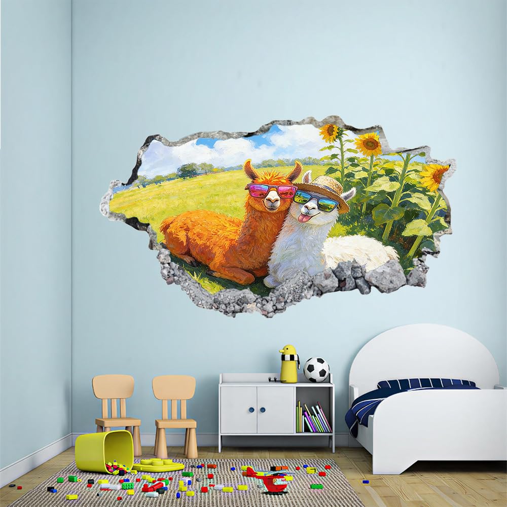 3D Wandtattoo Durchbruch Wanddeko Alpaka-Sonnenblume Wanddurchbruch sticker Wandbild Wandsticker Grasland-Naturlandschaft Wohnzimmer Wanddeko Wandaufkleber für Kinderzimmer Mädchen Teenager Zimmer