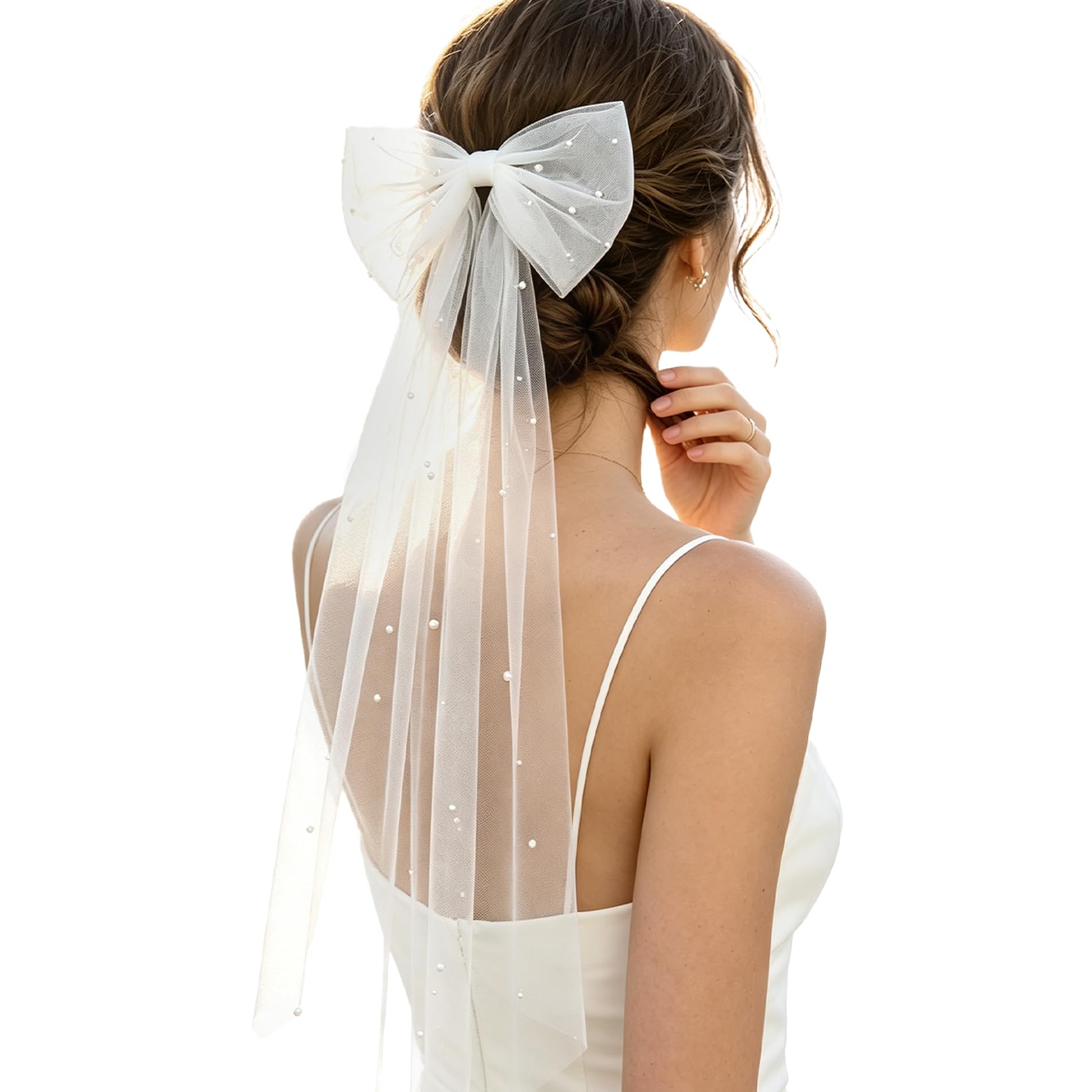 Vndkgn Girls White Veil Hen Party,Hen Do Veil, Pearl Headwear Bachelorette Parties Accessories Bride Wedding & Holy Communion Veils For Bridal,Bridesmaid, Butterfly Short Tulle Hair Bow Clip(40Cm-50Cm)
