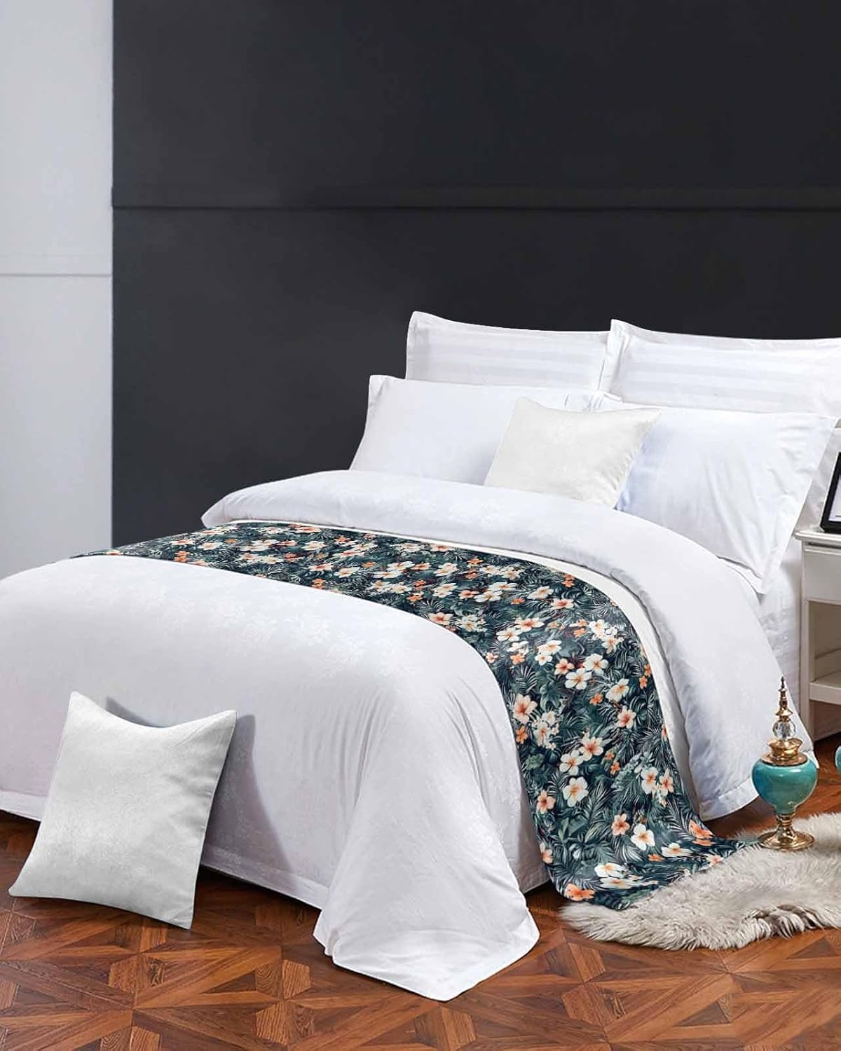 Summer Watercolor Lily Flower Bed Runners for Bedroom Hotel,Decorative Bedding Scarf Tropical Pastoral Floral Plant Bed End Blanket Bedding Runner Scarves for King Size Bed,102x20in