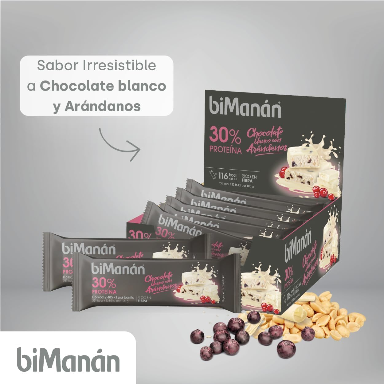 biManán beFIT Barrita Proteína Chocolate Blanco con Arándanos, Para Tonificar Tu Masa Muscular - Expositor 20 unidades