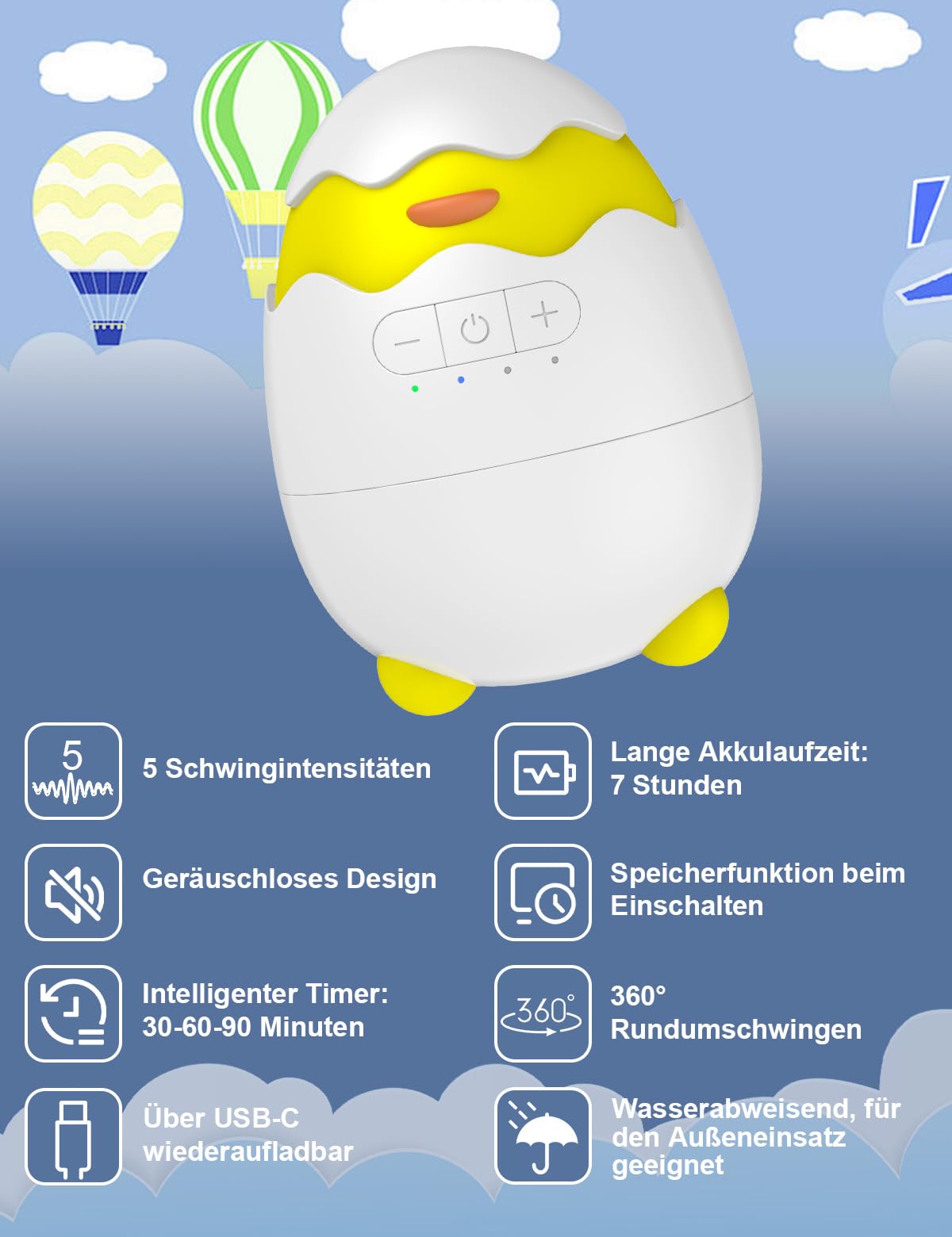 Robofun Kinderwagenschaukler- Das Original Schlafhilfe für Baby, 5 Einstellbare Schaukelintensitäten, USB-C Aufladbar, Tragbare Schaukelfunktion für Den Kinderwagen Beweger Elektrisch, Weiß - 4