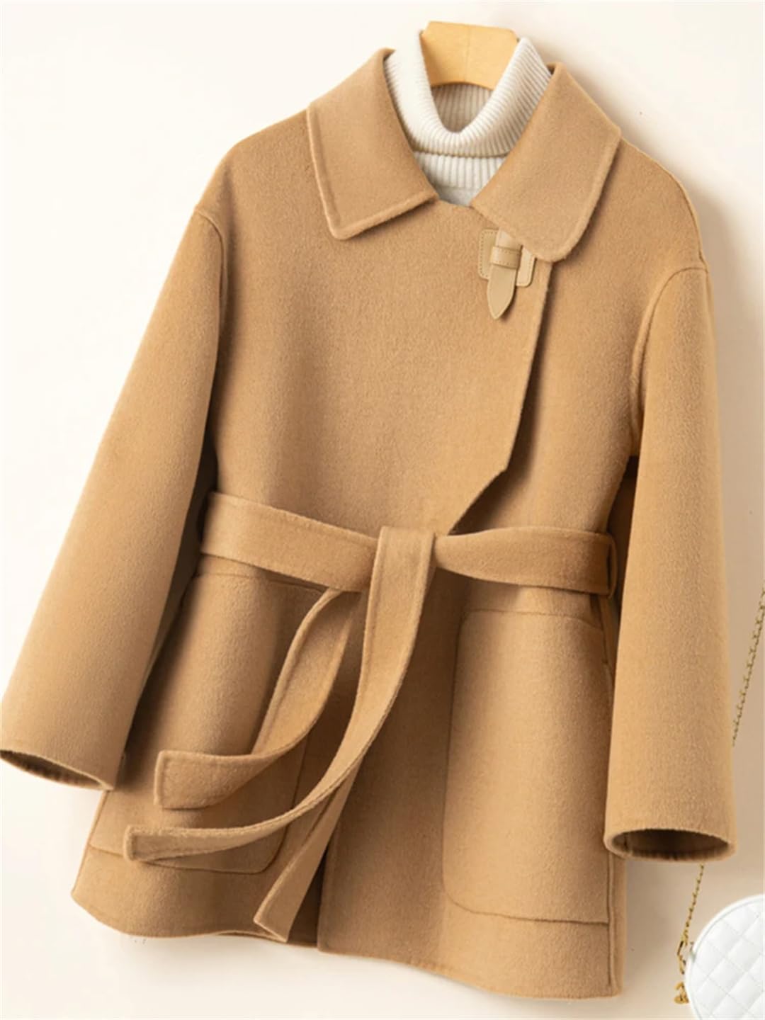 Fnfmrfmr Abrigo de lana con cinturón de solapa para mujer, manga larga, color sólido, holgada, casual, para exteriores