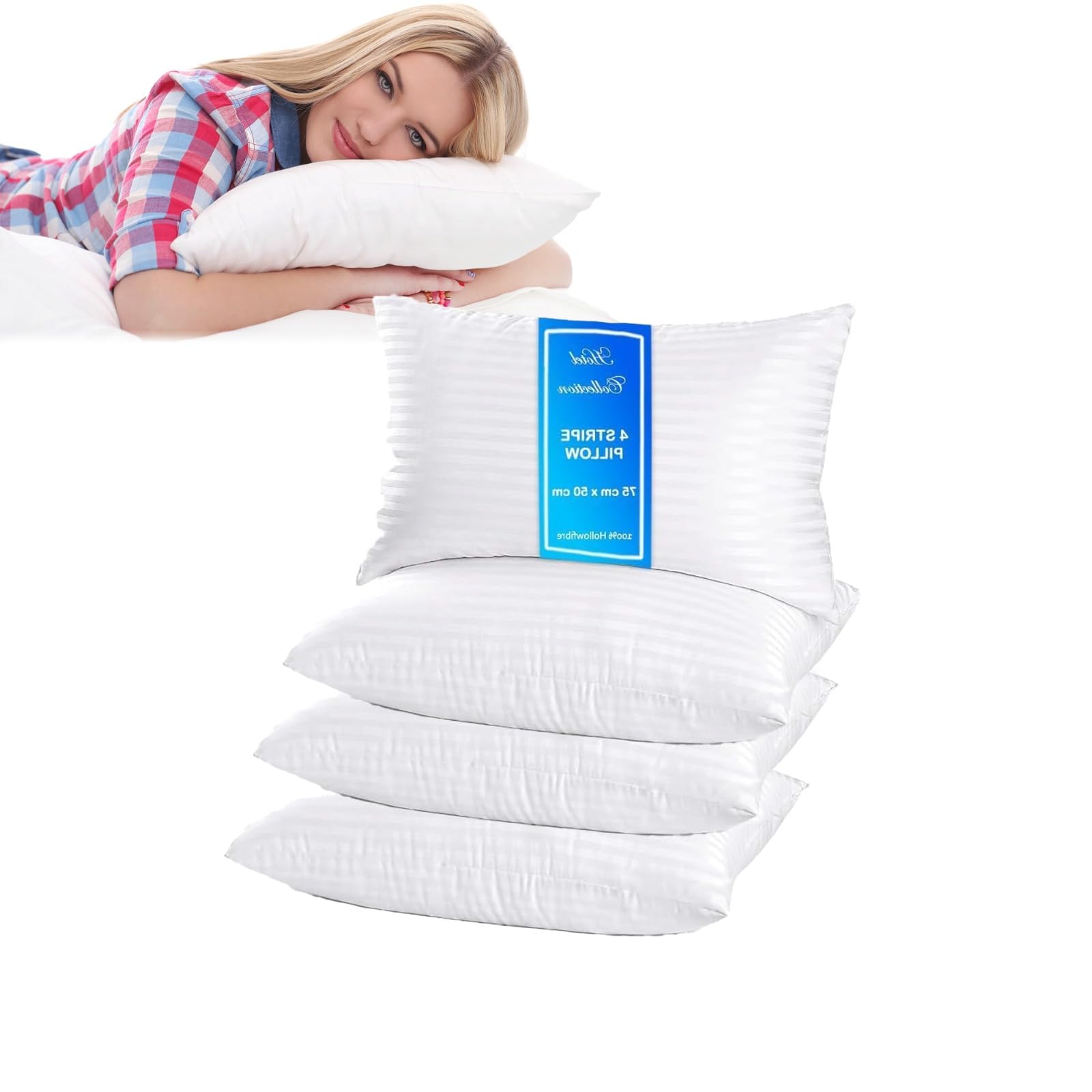 Tt Threadtrade White Hotel Quality Standard Stripe Soft Pillows, Bounce Back Pillow Cotton Blend With Hollowfibre, Anti-Allergy Pillows, Super Soft And Breathable, Easy Care, (4)