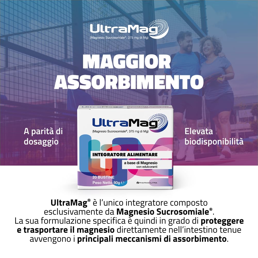 UltraMag®, Integratore di Magnesio Sucrosomiale® 375 mg, Alto assorbimento, Alta tollerabilità, Riduce stress e affaticamento, Stanchezza fisica e mentale, Senza glutine, 20 +20 bustine, Pharmanutra