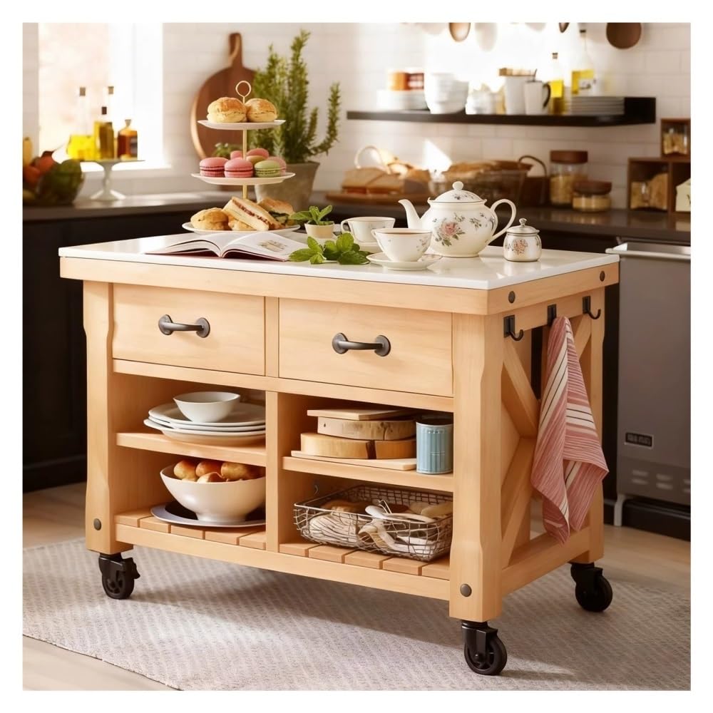 Carrello da cucina Isola della cucina con rotelle for fattoria, cassetti e ripiani superiori in legno massello e pietra(S)