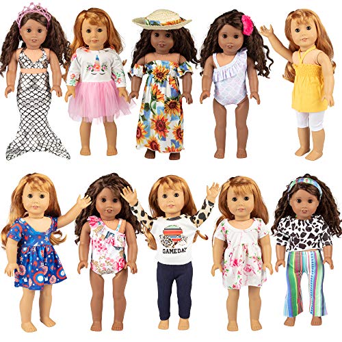 Handmade Doll Clothes (10 Different Outfits) for American 18" Girl Dolls - Full Outfits and Accessories (20pcs Total) Costumes Includes Dresses, Bathing Suits, Hats, Hair Bands, Pants, Shirts