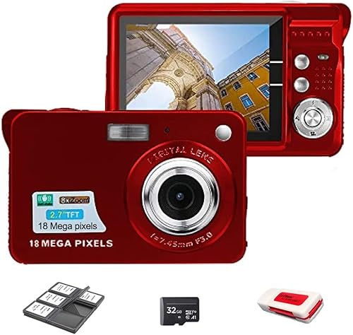 Acuvar Kit de cámara digital de megapíxeles de 18 MP con pantalla LCD de 2.7 pulgadas, batería recargable, tarjeta SD de 32 GB, soporte para