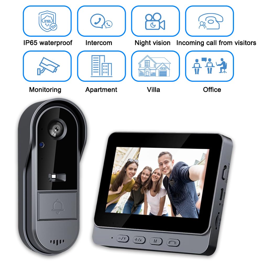 TKMARS Sonnette sans Fil avec Caméra 1080P Étanche IP67, Visiophone Vidéo Extérieur avec Écran 4.3", Angle de Vision 170°, Vision Nocturne, Interphone Vidéo pour Maison, sans WiFi et APP