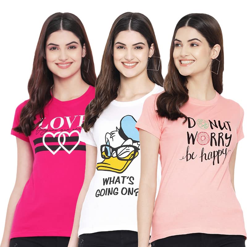 Image of Preneum Women's Cotton Regular Fit Graphic Stylish Printed Short Sleeves Casual T-Shirt || Trend & Style (Pack 3)