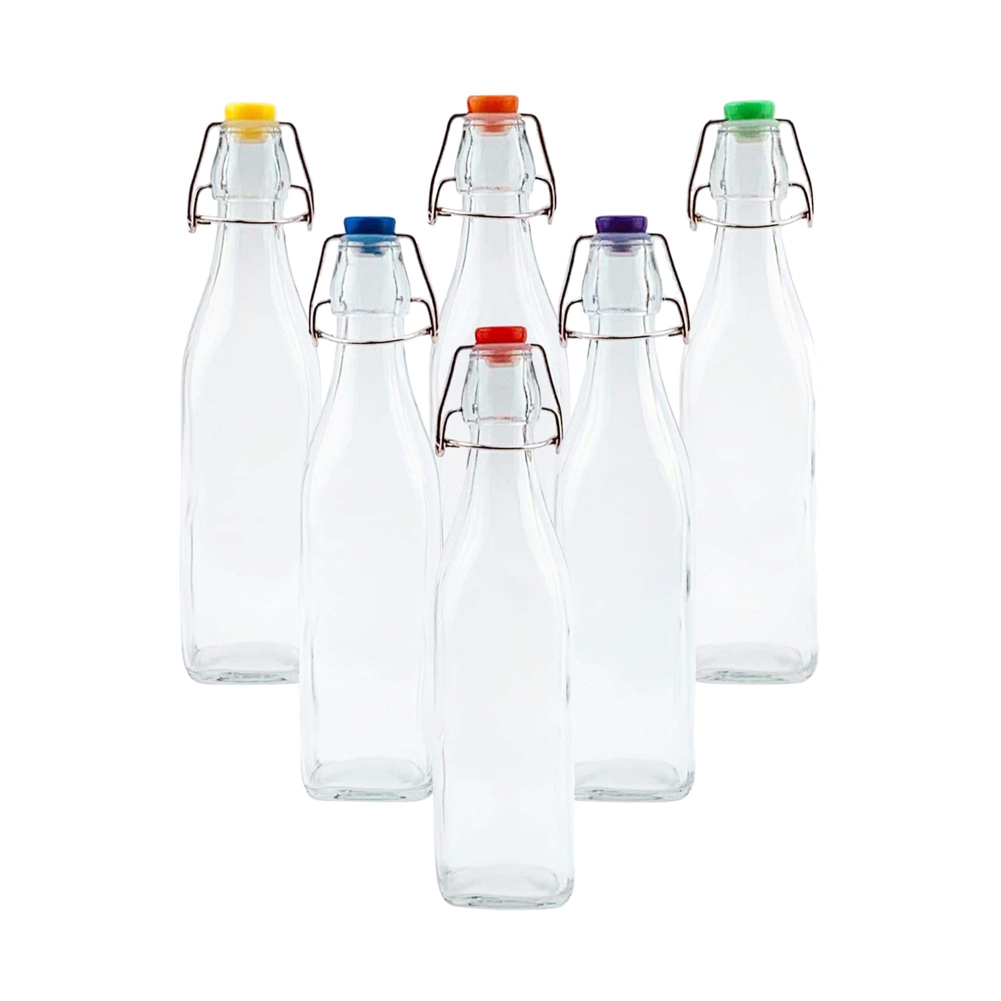 Simpa Clear Vintage Style Glass Bottles With Assorted Colour Swing Top Lids. Square 500Ml Bottles - Set Of 6