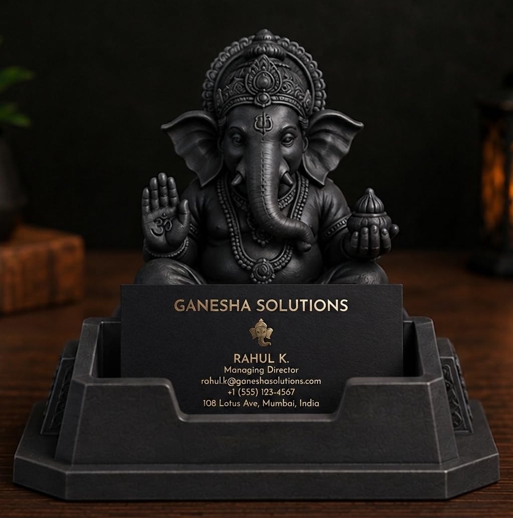 MurtiLab Ganesha Business Card Holder for Desk | Premium 3D Printed Visiting Card Stand | Lord Ganesha Office Desk Decor | Holds Standard 90 x 54 mm Business Cards | Matte Black-image-36