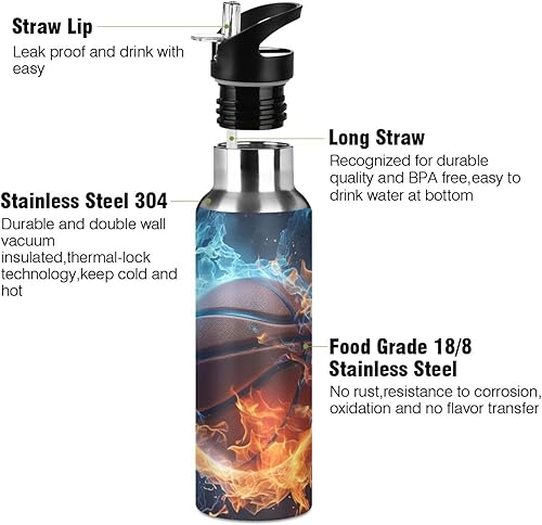 Miniatura 2 de Botella de agua con tapa con pajilla, para baloncesto en la nieve y el fuego, acero inoxidable, con aislamiento de doble pared, termo al vacío para