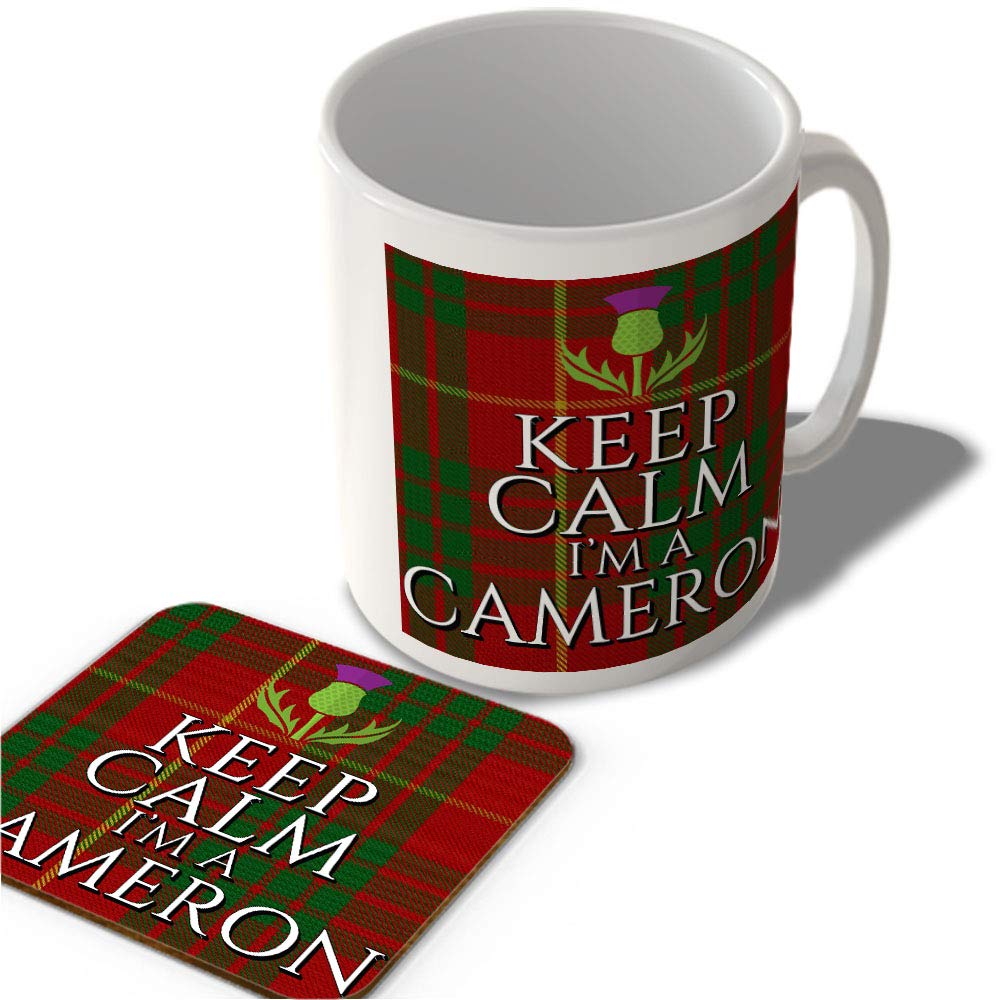 Mcmug White - Keep Calm I'm A Cameron - Cameron Tartan - (Thistle) - Scottish Mug And Coaster Set, Ceramic, 11Fl.oz.