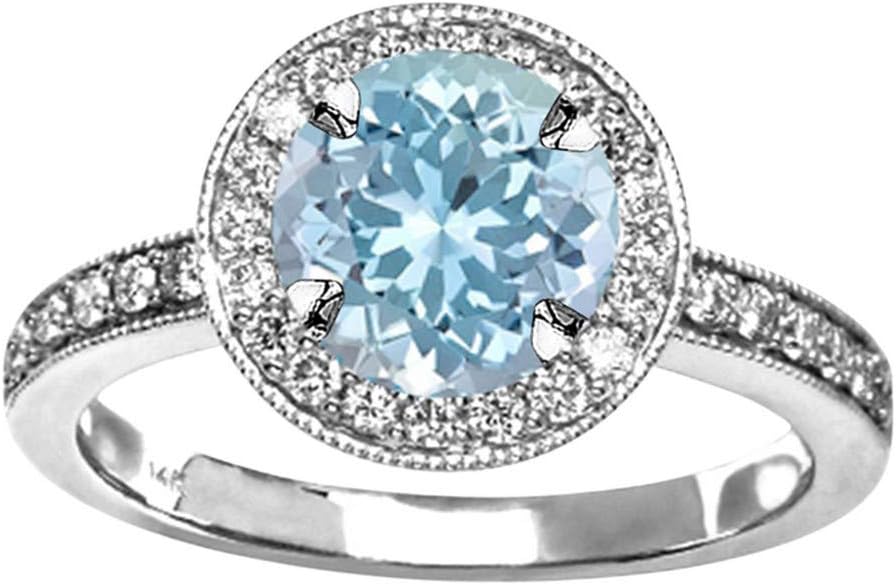 Houston Diamond District 1.35 Carat Halo Style Vintage Diamond Engagement Ring With Milgrain w/a 1 Carat Round Cut Blue Aquamarine Heirloom Quality