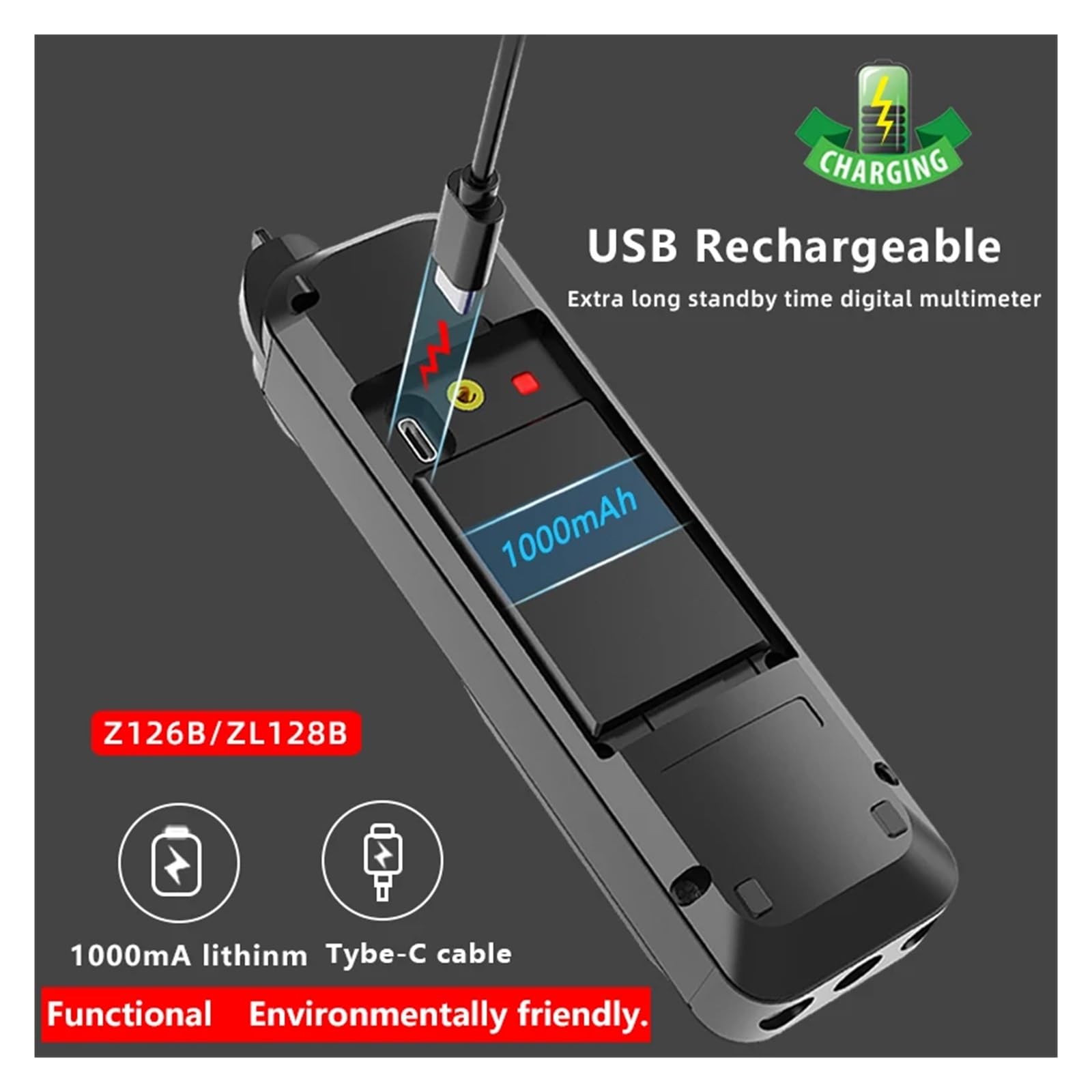 Multimetr cyfrowy 9999 punktów, kolorowy wyświetlacz T-RMS, tester napięcia DC/CA, test pojemności, test diod, test NCV/Hz, tester drutu pod napięciem (liczba ZL128A 9999)
