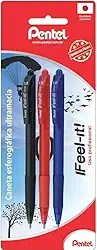 Kit com 3 Canetas Caneta Esferográfica Feel It 1 mm, Pentel, Preta/Vermelha/Azul