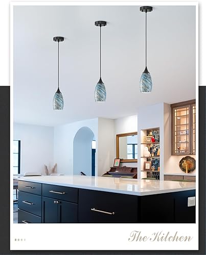 Miniatura 7 de ANYLOVE Iluminación colgante de guijarro azul vintage, paquete de 3 lámparas colgantes de vidrio de mano, cable ajustable para cocina, pasillo,