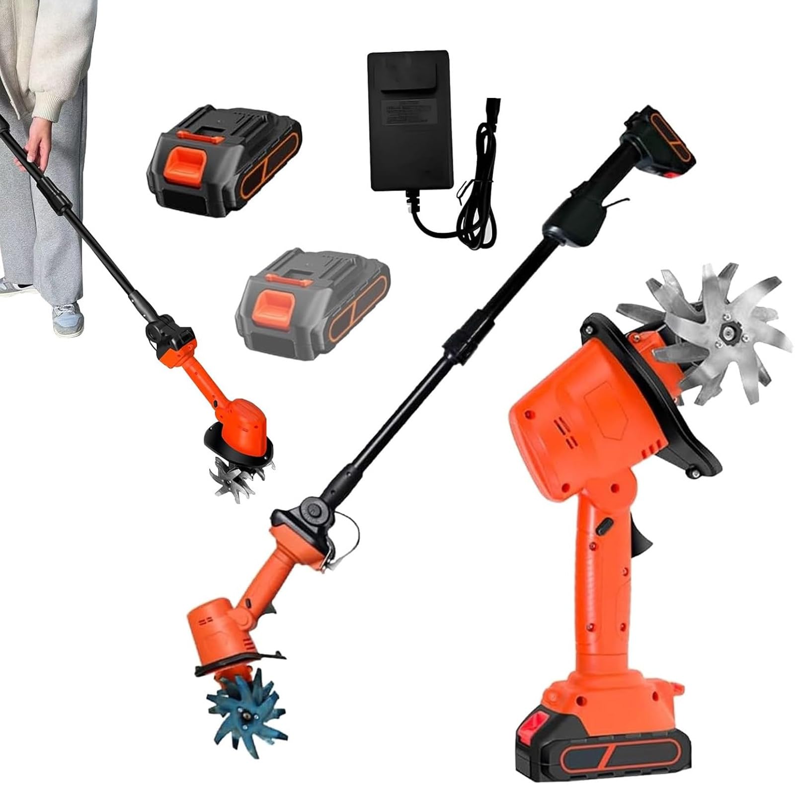 Pnpaea 21V Cordless Mini Tiller Cultivator, 235 RPM Electric Garden Rotavator with 2 Battery,with 4 Rows Tines, Hand-Held Micro Tiller Weeding Machine,for Lawn Orange-red-withPole