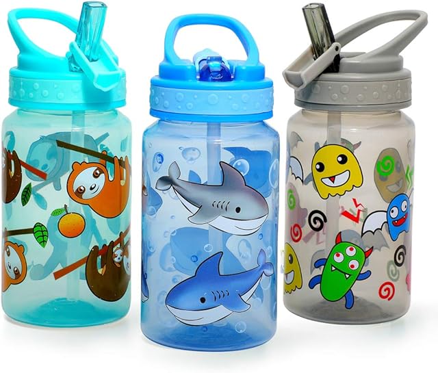 Home Tune Kids Water Drinking Bottle (440ml) - BPA Free, Wide Mouth, Flip Straw Sip Lid, Easy Open, Lightweight, Leak-Proof Water Bottle Cute Design For Girls & Boys - 3 Pack Shark & Sloth & Monster