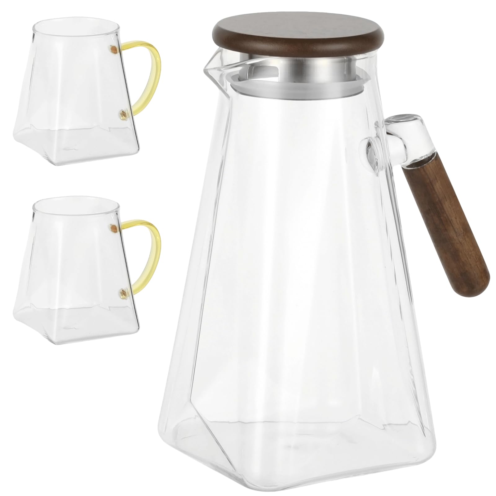 Glaskrug mit Holzdeckel, 1,8 l Borosilikatkrug Set mit 2 Bechern, hitzebeständig, kristallklar, eckiges Diamantdesign, 9,4 x 7,1 x 7,1 in, für kalte oder heiße Getränke, für den Haushalt